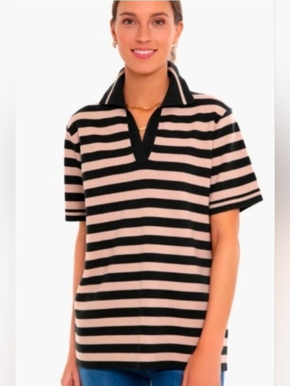 Tuckernuck Womens Rugby Stripe Knit Polo Shirt Tan Black Size XS Nwot